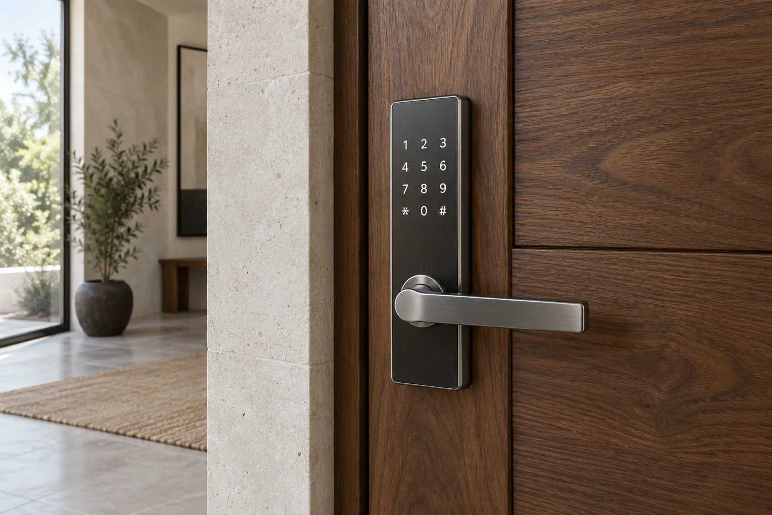 AI-generated digital keypad lock on a walnut entrance door