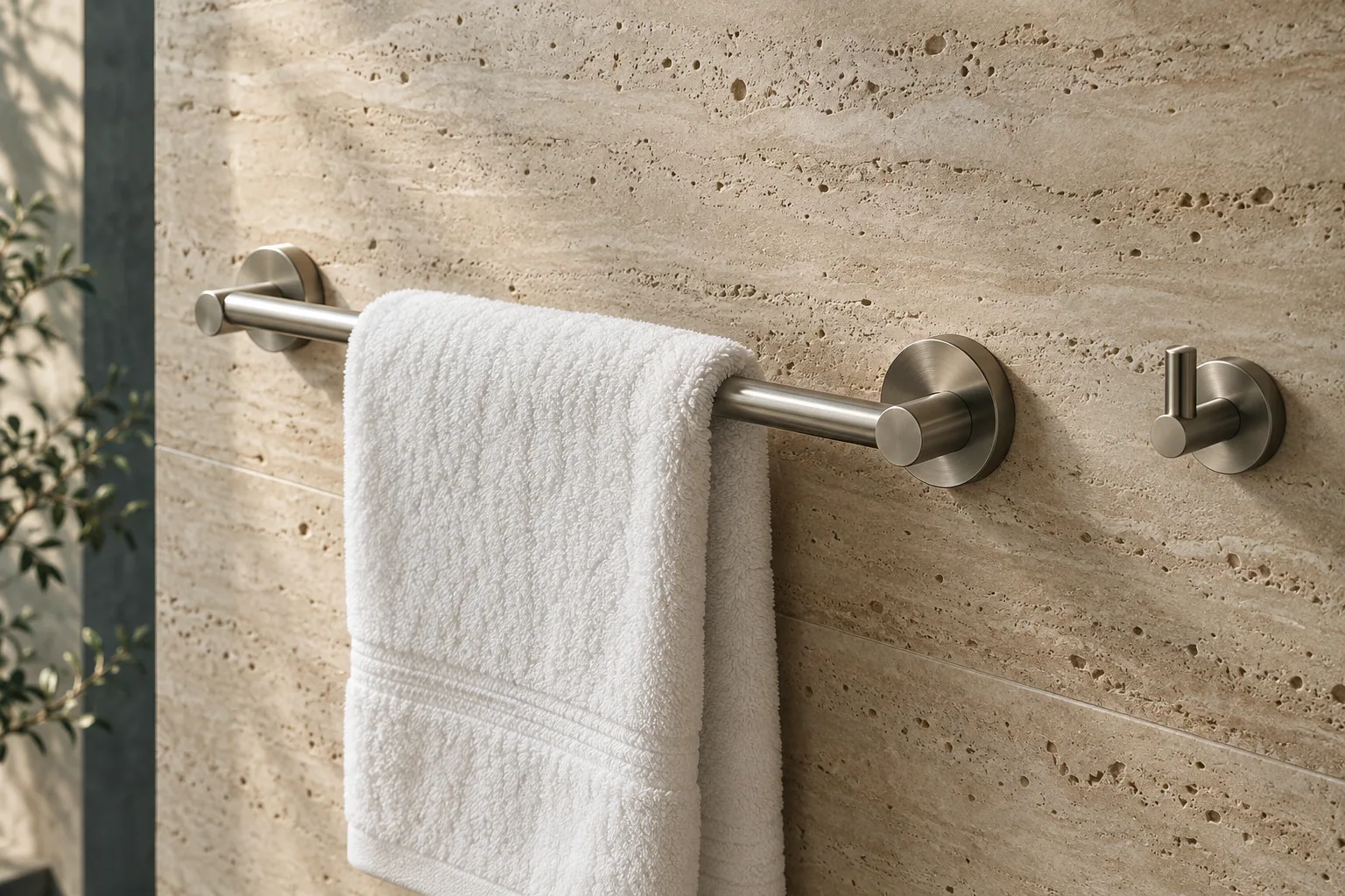 AI-generated bathroom detail with satin metal accessories and natural stone