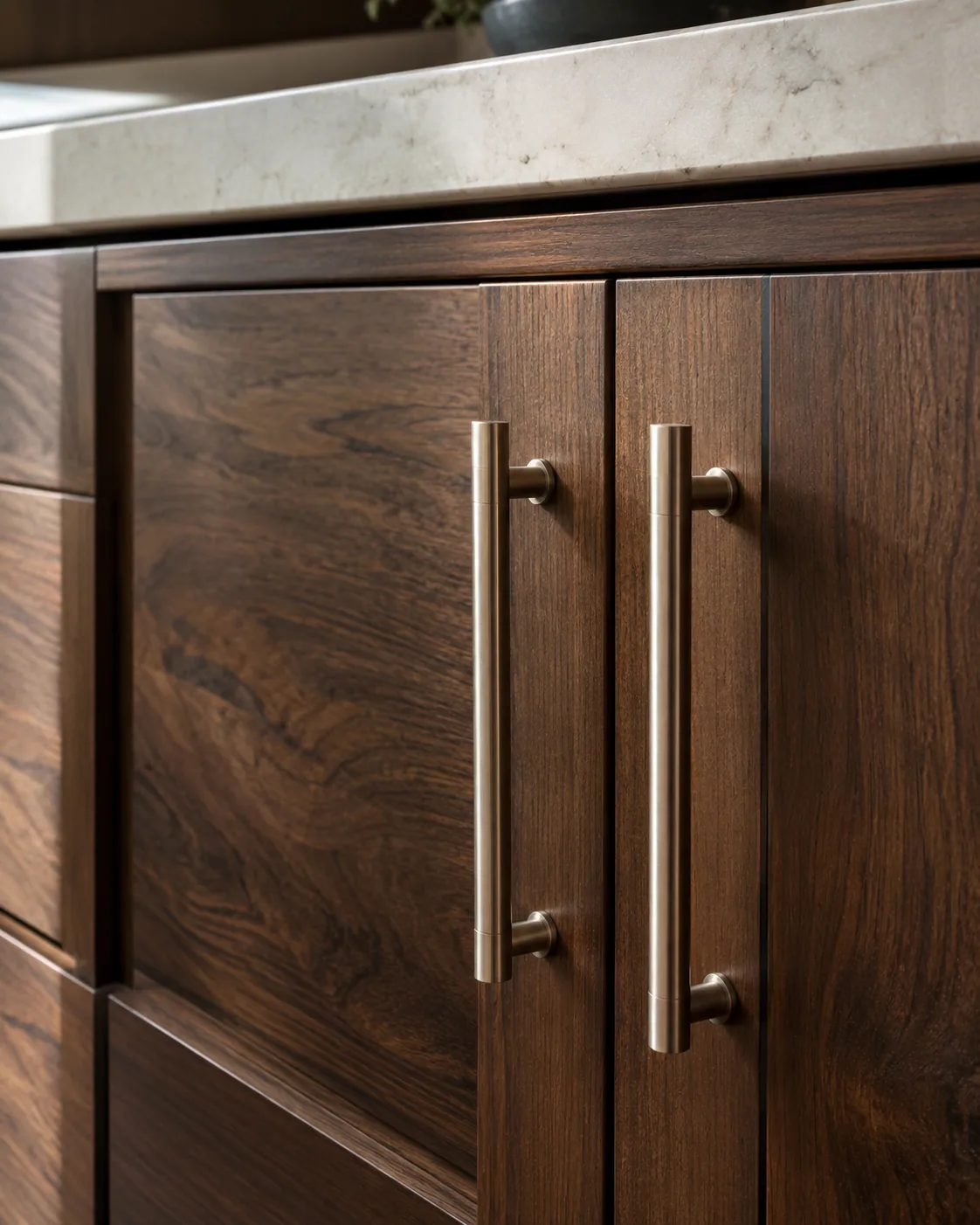 AI-generated interior concept showing precise cabinet joinery and metal pulls