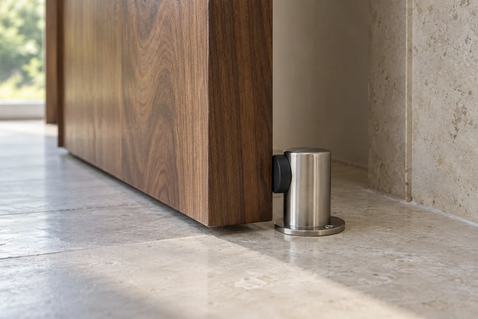 AI-generated floor-level detail of a metal door stop beside a walnut door