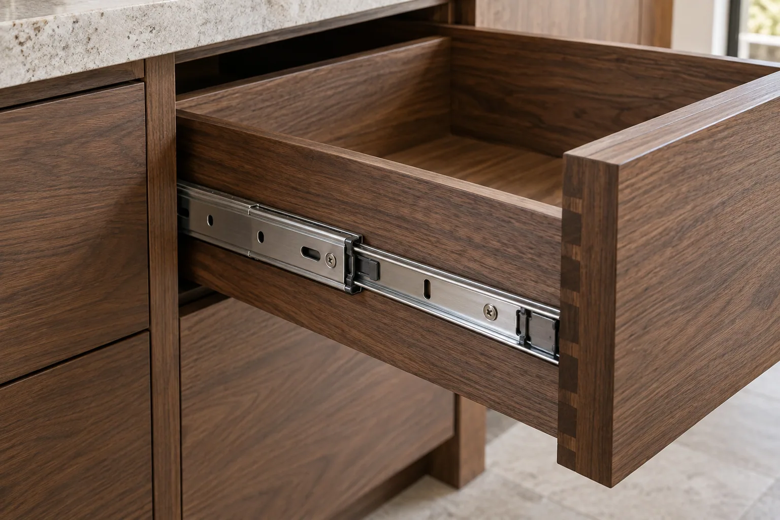 AI-generated open walnut drawer with a visible metal runner system
