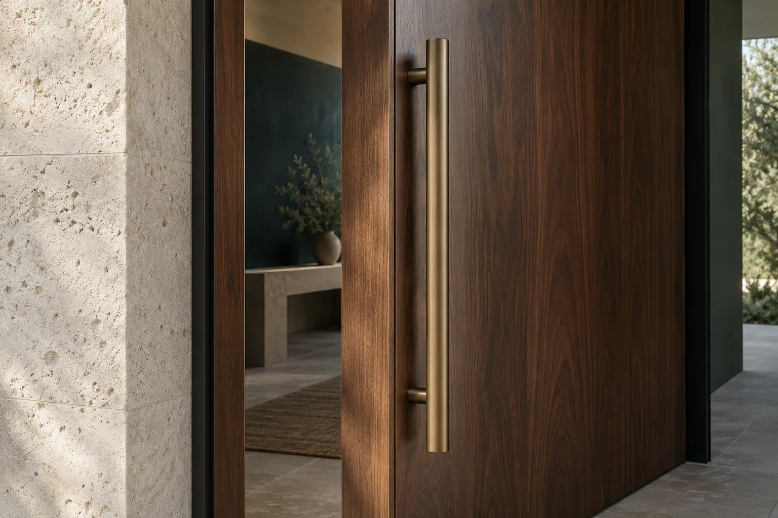 AI-generated architectural concept of a bronze pull on a walnut doorway