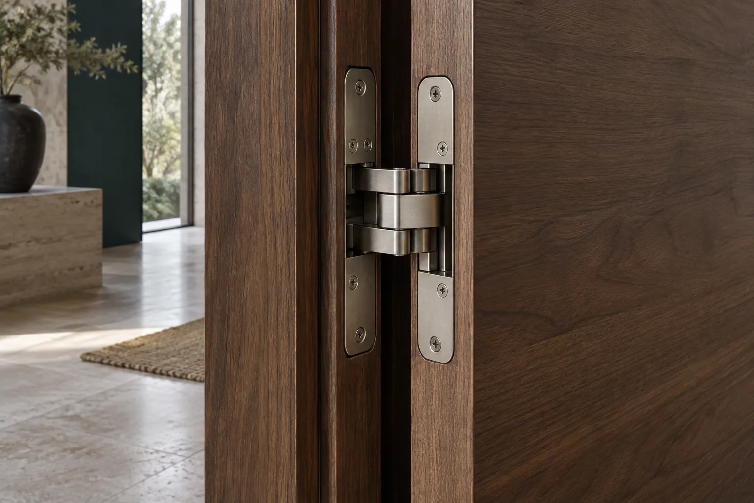 AI-generated close-up study of a concealed hinge in a walnut door