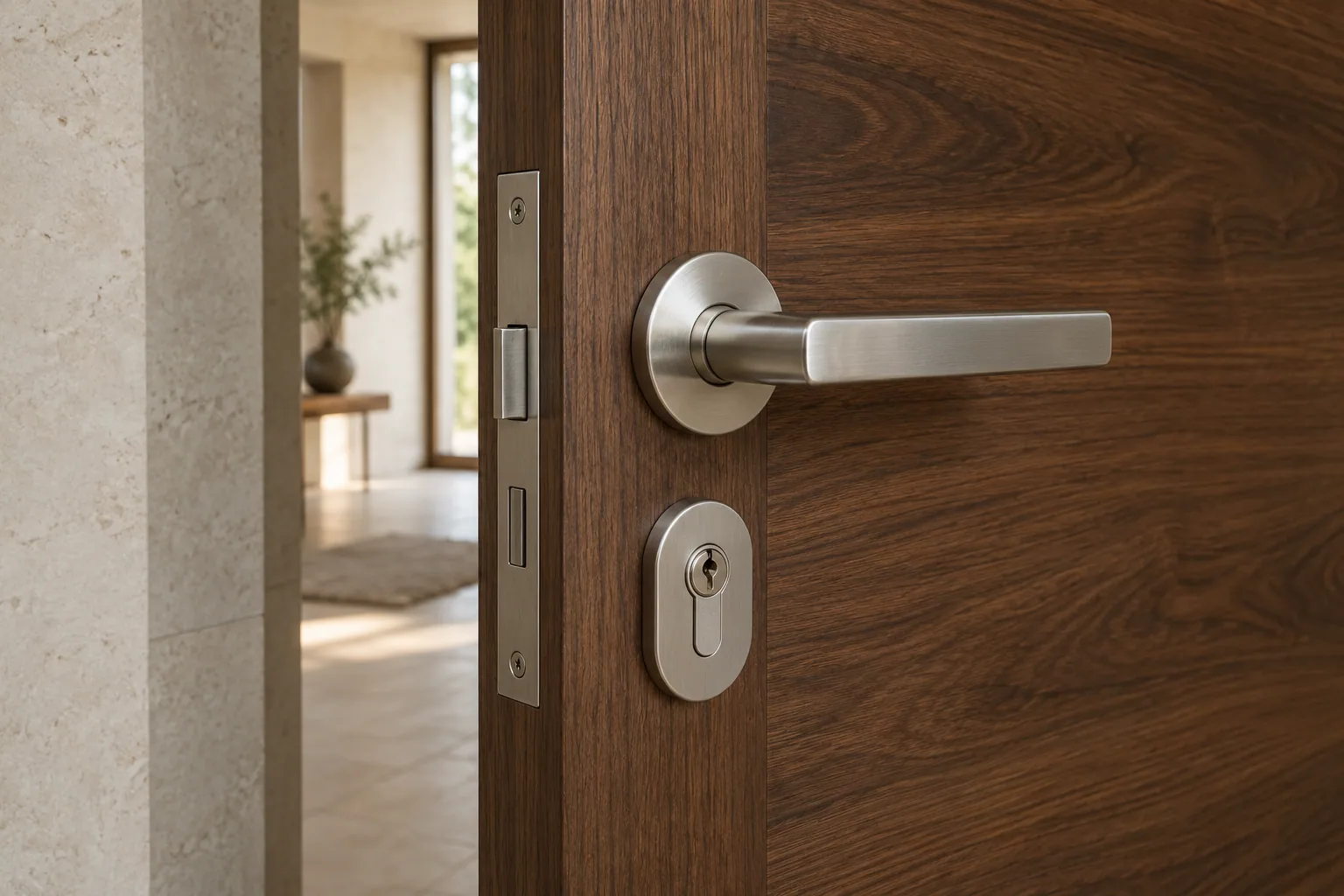 AI-generated detail of a door lever and a separate key cylinder in walnut