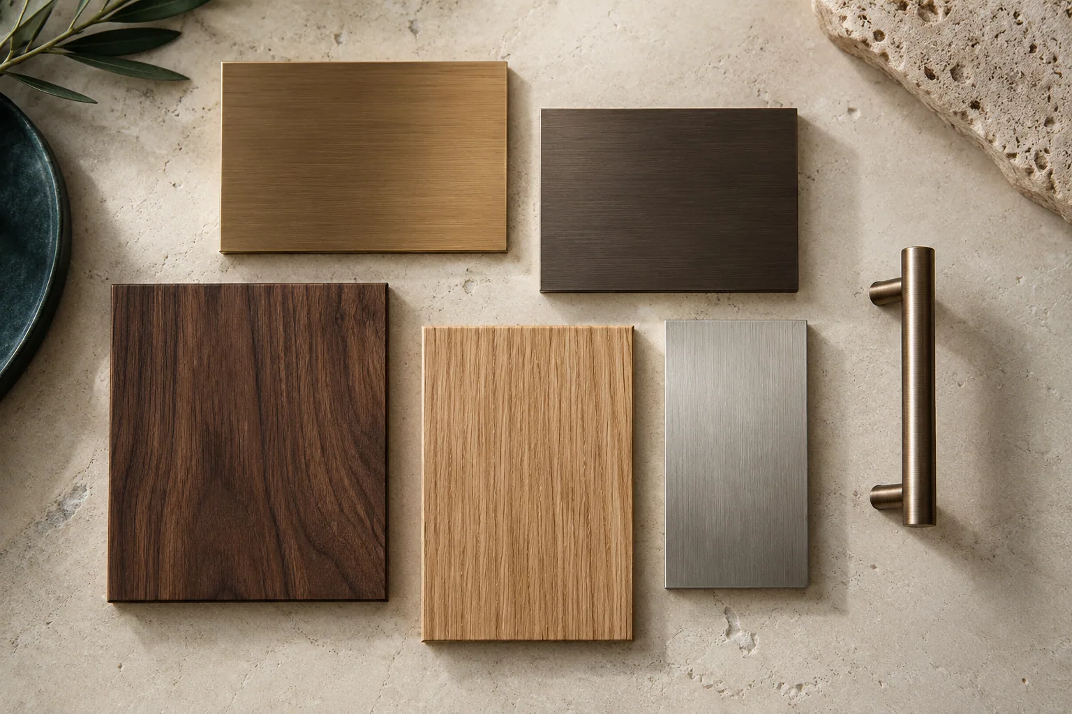 AI-generated material study with metal finishes, timber and stone samples