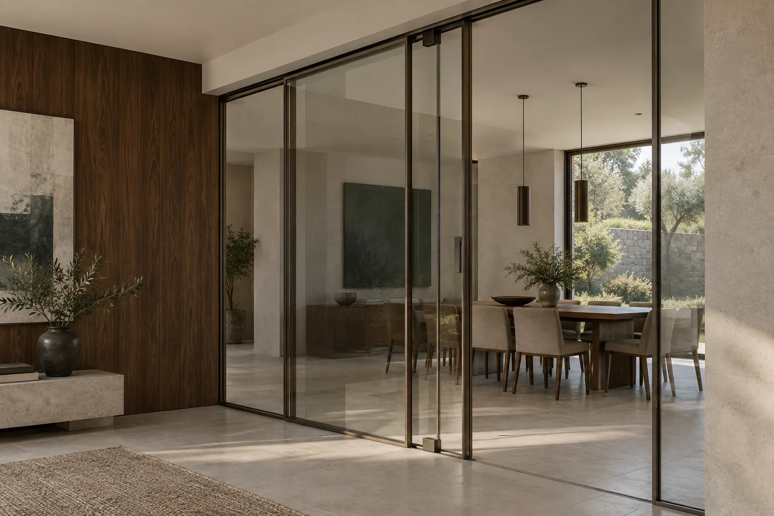 AI-generated interior study of a glass and metal sliding partition